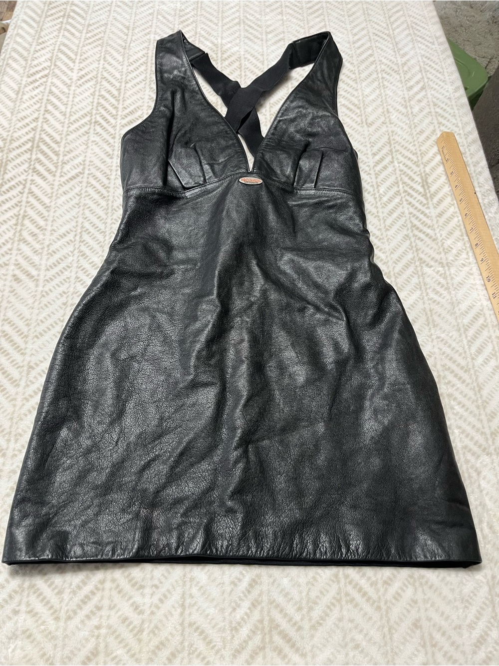 Harley Davidson Black Faux Leather Plunge Mini Dress with Cross-Back Straps 34/6